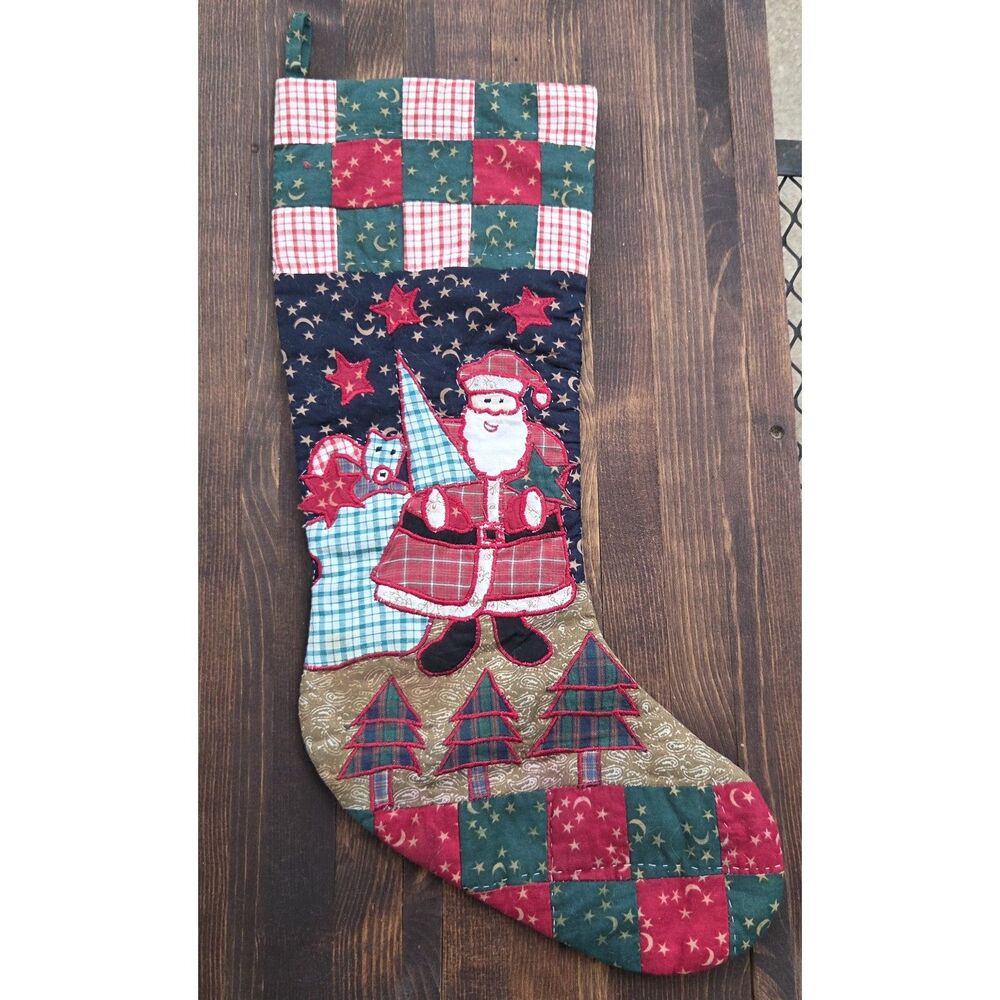 Handmade Quilted Christmas Stocking Santa Patchwork Applique 19" Folk Art